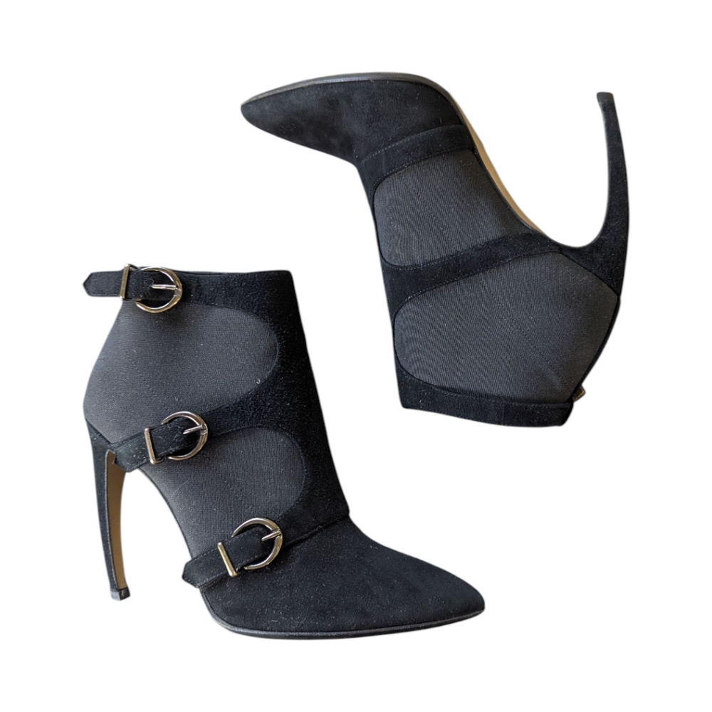Walter Steiger Claw Heel Buckle Bootie Black Suede Stiletto Avant Garde